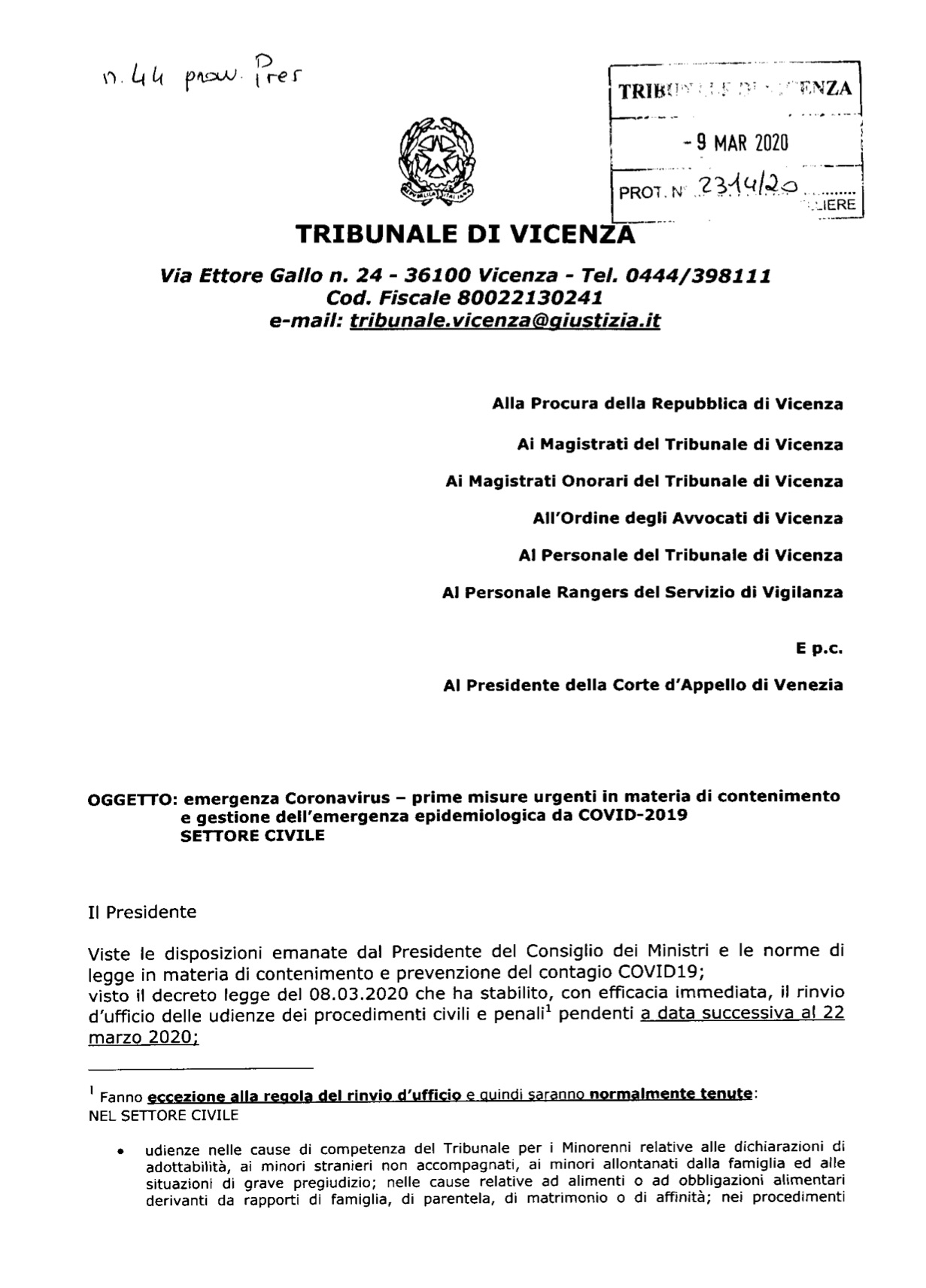 Provvedimento Presidente Tribunale di Vicenza 9.03.2020 - Misure contenimento emergenza sanitaria - Settore civile
